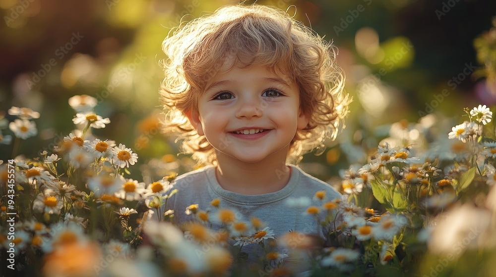 Smiling child surrounded by vibrant wildflowers Smiling child surrounded by vibrant wildflowers