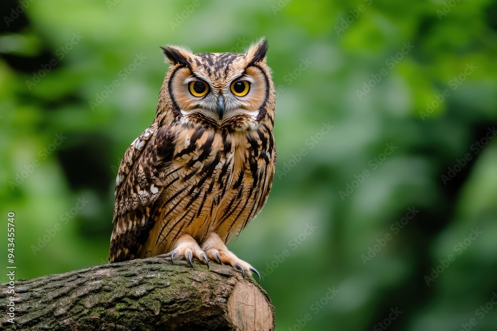 A majestic owl with piercing yellow eyes is perched on a branch, surrounded by lush green foliage. The owl’s intense stare is both captivating and slightly intimidating. A majestic owl with piercing yellow eyes is perched on a branch, surrounded by lush green foliage. The owl’s intense stare is both captivating and slightly intimidating.