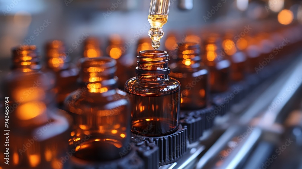 A dropper releases renewable synthetic substances into amber glass bottles on a production line.