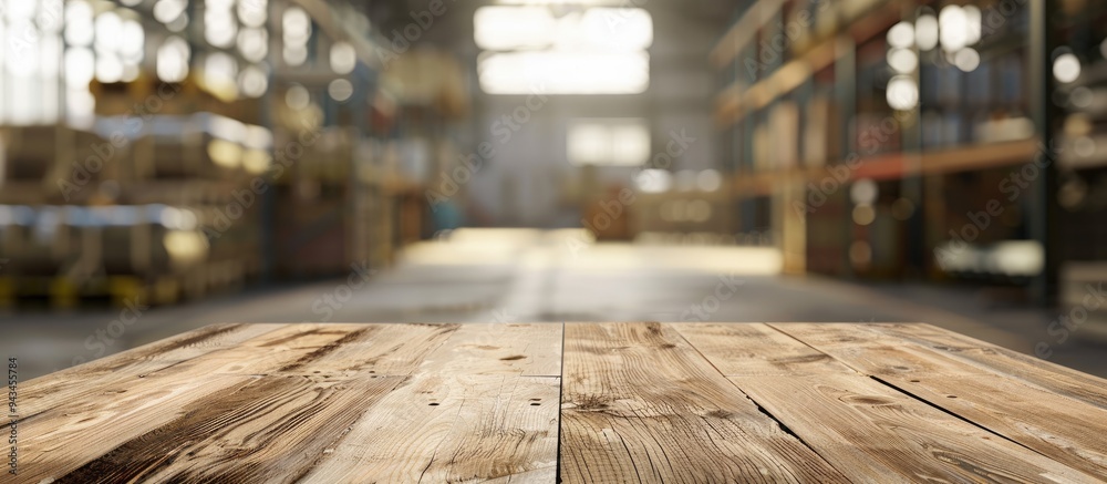 A wood table is empty with a blurred warehouse backdrop providing ample copy space for displaying products in an industrial setting A wood table is empty with a blurred warehouse backdrop providing ample copy space for displaying products in an industrial setting