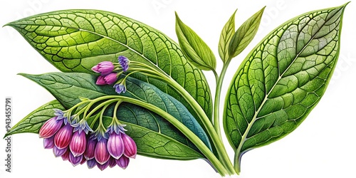 Botanical illustration of comfrey leaf and flowers in a modern and trendy style, showcasing the plant's  photo