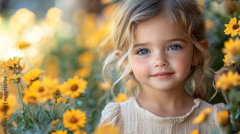 Girl in yellow flower field with soft sunlight Girl in yellow flower field with soft sunlight