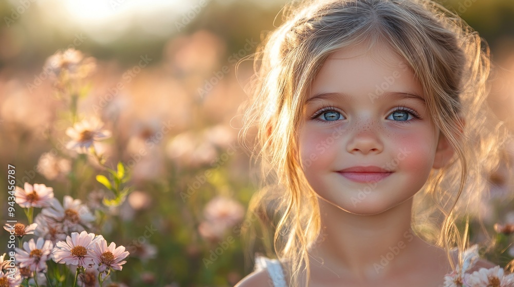 Young girl with blonde hair in pink flower field, calm Young girl with blonde hair in pink flower field, calm