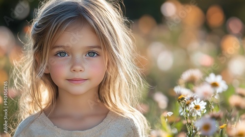 Blonde girl in a field with white flowers, serene look