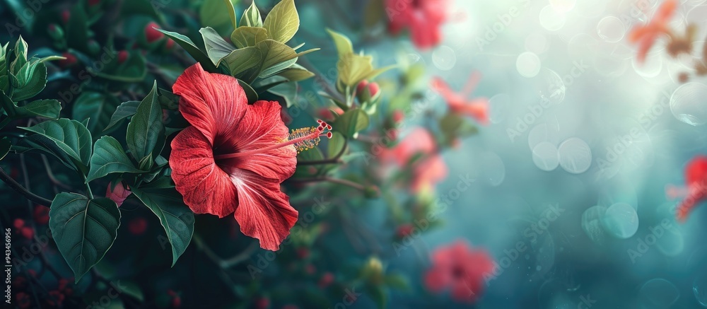 Vibrant Chinese hibiscus flower in red with a garden backdrop ideal as a nature themed design copy space image Vibrant Chinese hibiscus flower in red with a garden backdrop ideal as a nature themed design copy space image