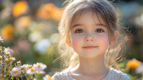 Girl with radiant smile amidst blooming flowers