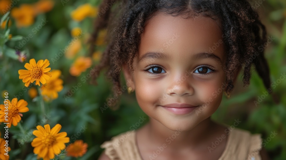Cute girl with curly hair surrounded by flowers Cute girl with curly hair surrounded by flowers