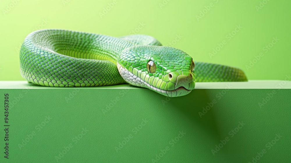 Obraz premium A green snake is laying on a green surface