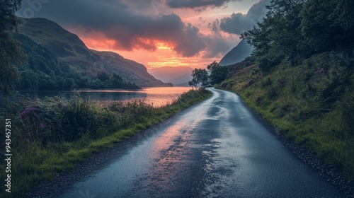 A dramatic sunset over a mountain road by a lake, with intense colors reflecting on the water, enhancing the landscape's beauty. photo