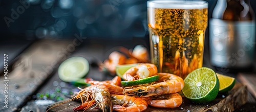 A close up copy space image of wheat beer in a tall glass with a serving of shrimp topped with lime slices on a wooden table photo