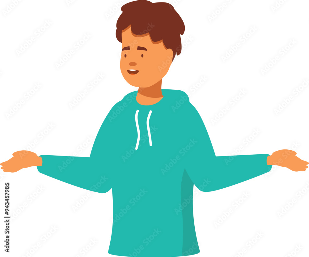 Young man showing something with hands open wearing a green hoodie Young man showing something with hands open wearing a green hoodie