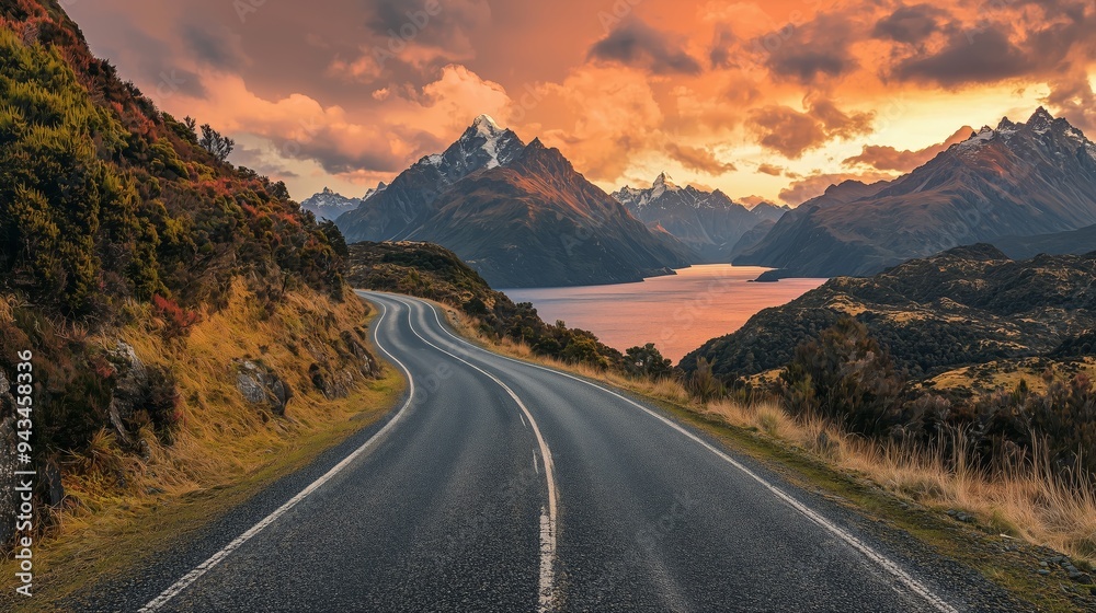 Naklejka premium A beautiful sunset over a winding mountain road beside a tranquil lake, capturing the essence of outdoor adventure.