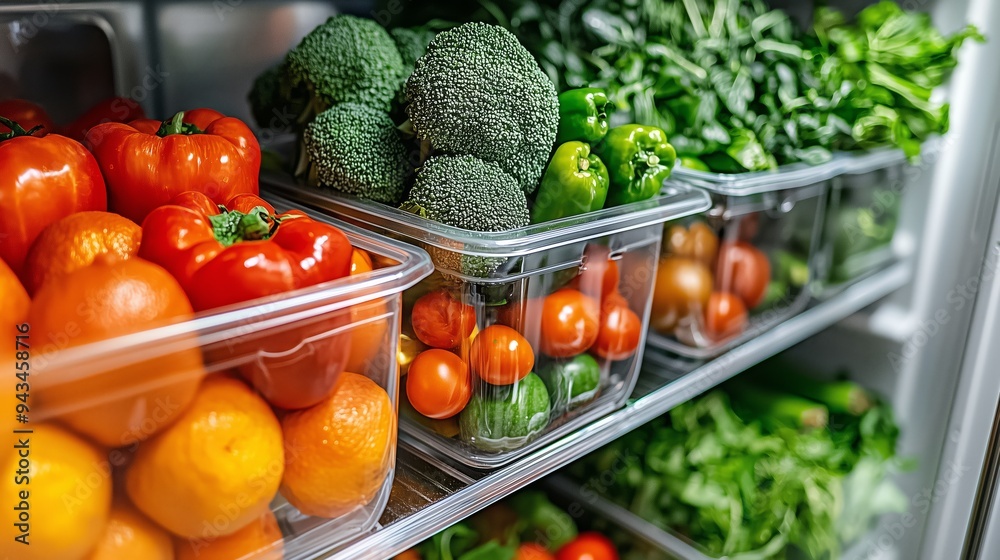 A variety of fresh vegetables, including bell peppers, broccoli, and leafy greens, stored in a grocery store refrigerator. A variety of fresh vegetables, including bell peppers, broccoli, and leafy greens, stored in a grocery store refrigerator.