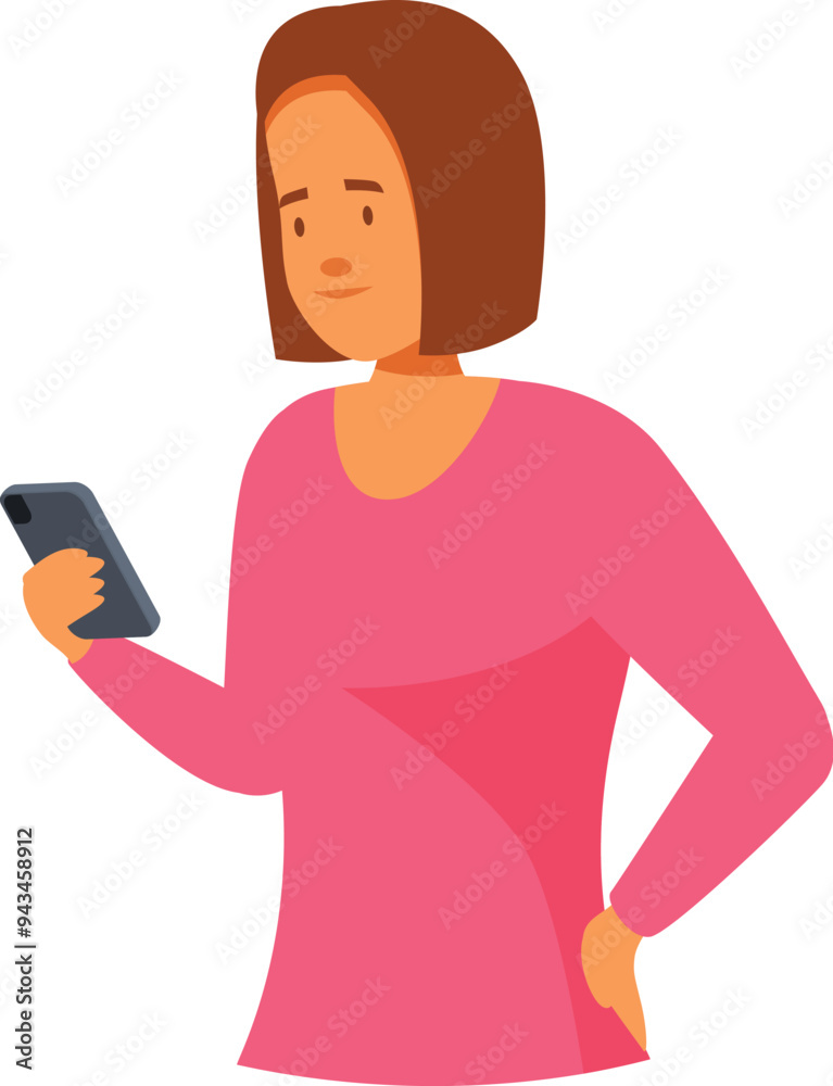 Cartoon illustration of a young woman reading something on her smartphone Cartoon illustration of a young woman reading something on her smartphone