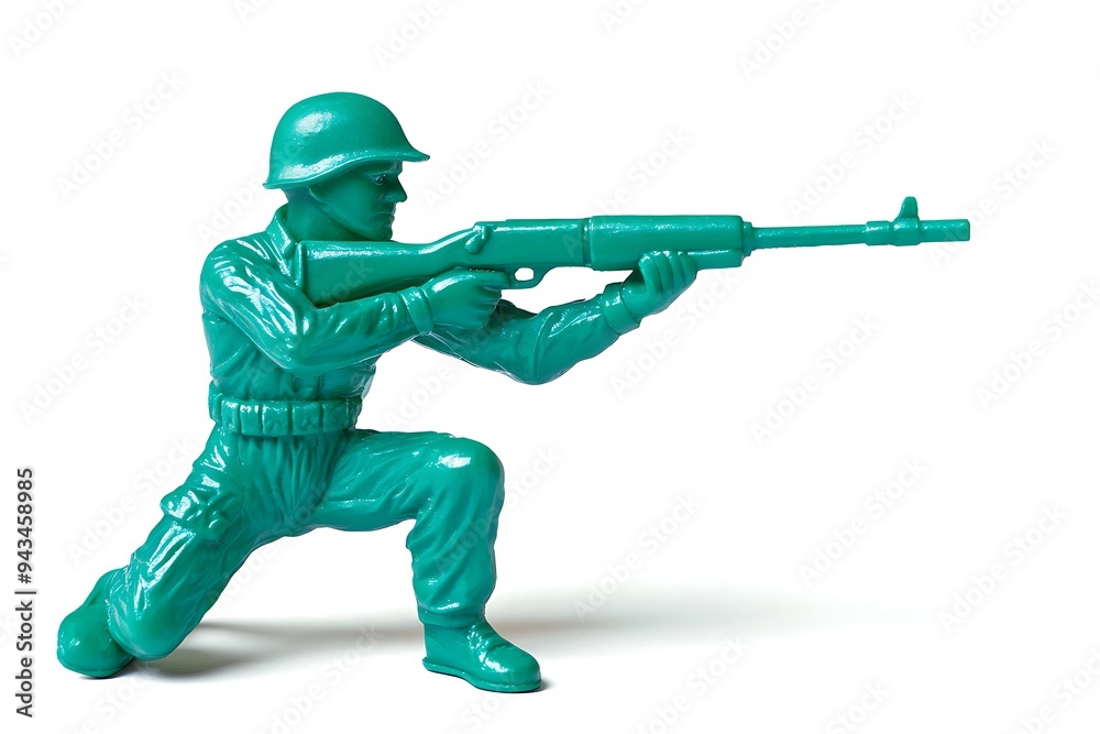 Toy soldier figurine in green plastic, standing on a war-torn battlefield Toy soldier figurine in green plastic, standing on a war-torn battlefield