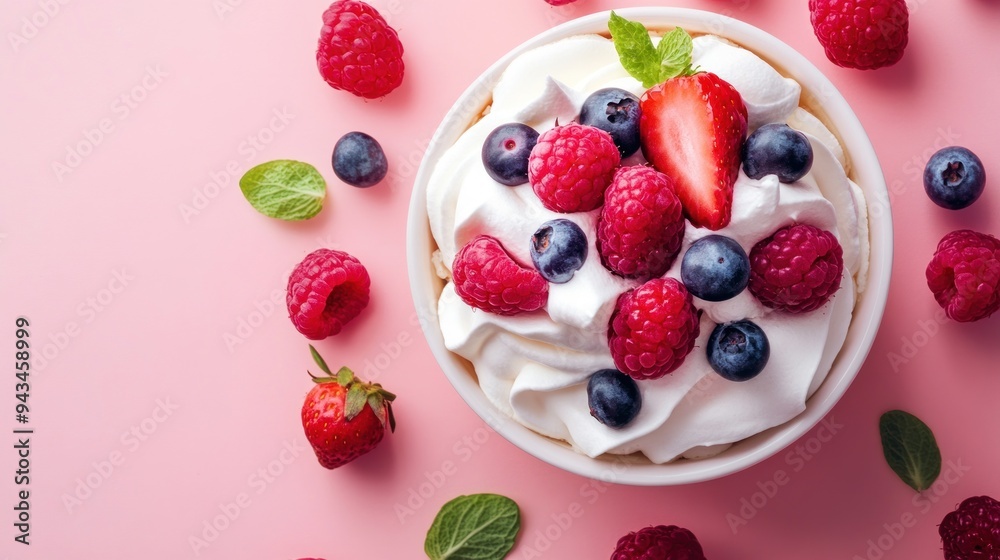 A white bowl filled with whipped cream and fresh raspberries, blueberries and a strawberry, surrounded by additional berries and mint leaves on a pink background. A white bowl filled with whipped cream and fresh raspberries, blueberries and a strawberry, surrounded by additional berries and mint leaves on a pink background.