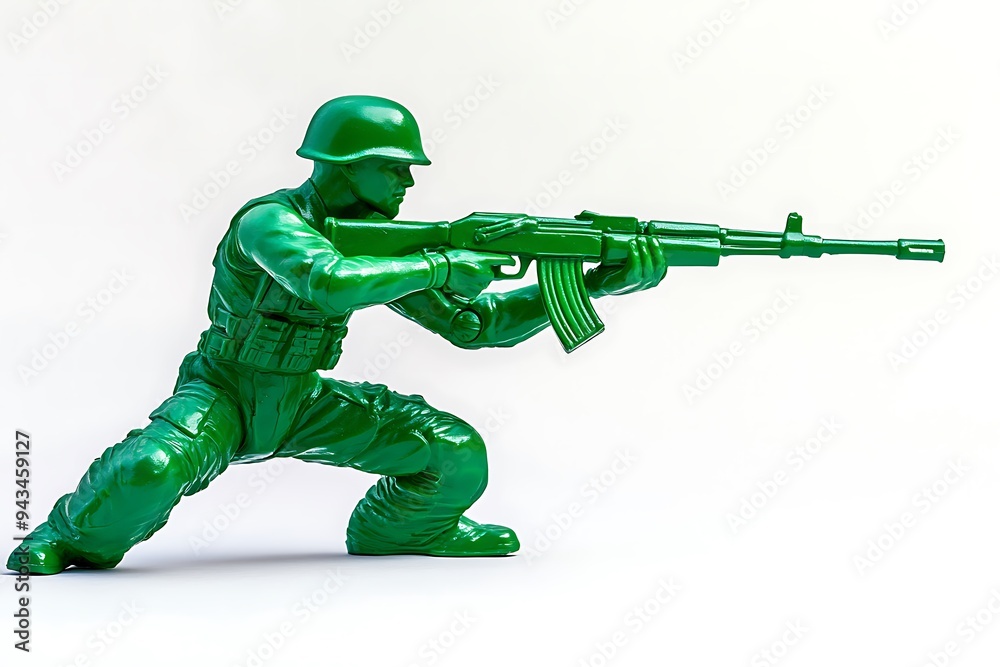 Toy soldier figurine in green plastic, standing on a war-torn battlefield Toy soldier figurine in green plastic, standing on a war-torn battlefield