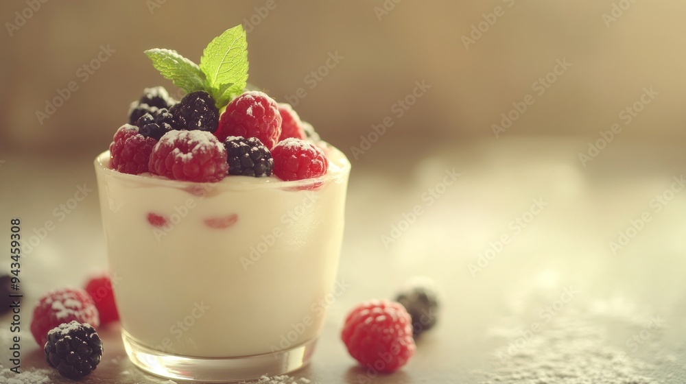 A glass of yogurt topped with raspberries and blackberries and a sprig of mint, with some raspberries and blackberries scattered around the base of the glass. A glass of yogurt topped with raspberries and blackberries and a sprig of mint, with some raspberries and blackberries scattered around the base of the glass.