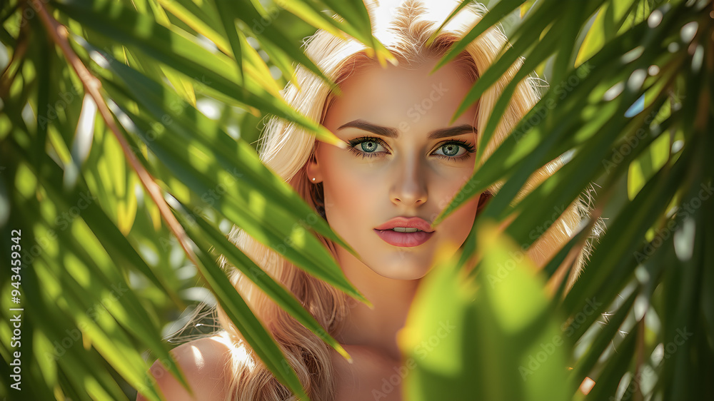 Portrait of a blonde with natural beauty among the leaves of tropical trees. Spa pleasure, wellbeing lifestyle. Gorgeous closeup face, eyes lips of blonde girl. Sensual woman in nature. AI generated Portrait of a blonde with natural beauty among the leaves of tropical trees. Spa pleasure, wellbeing lifestyle. Gorgeous closeup face, eyes lips of blonde girl. Sensual woman in nature. AI generated
