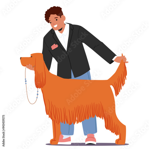 Man Happily Presenting A Well-groomed Dog At A Dog Show. Male Character Holding The Dog Tail, Showcasing Its Posture