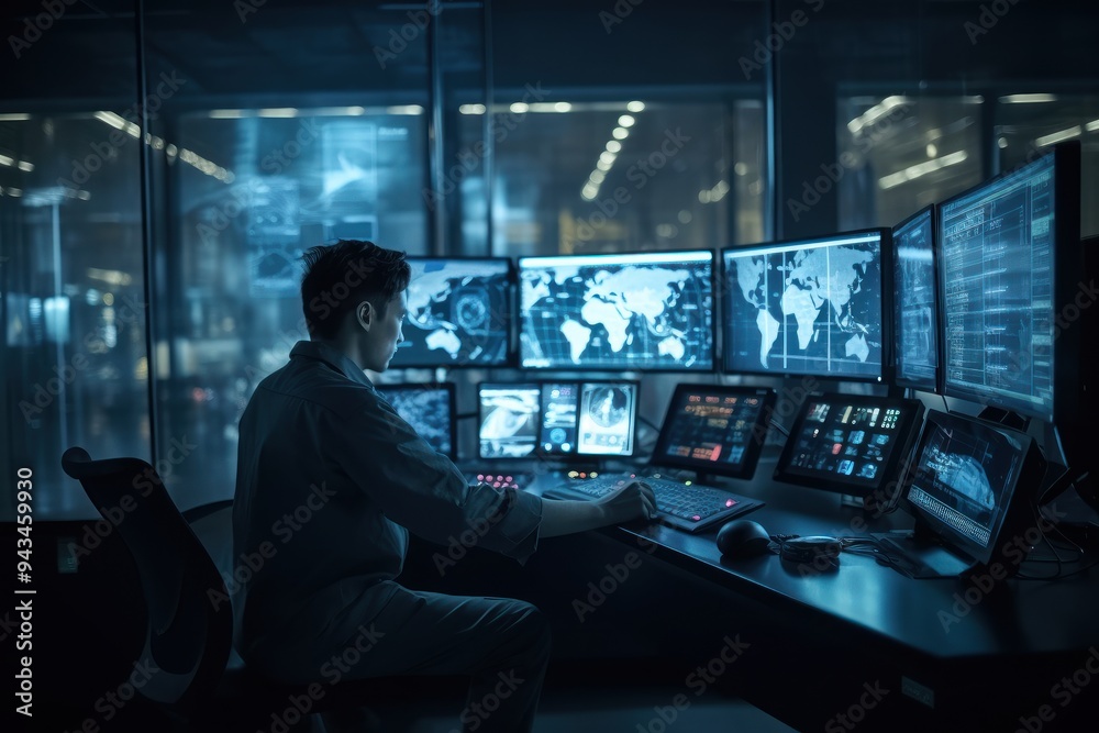 IT professional working in a dark server room