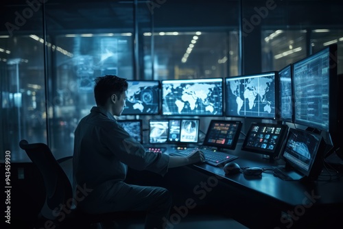 IT professional working in a dark server room