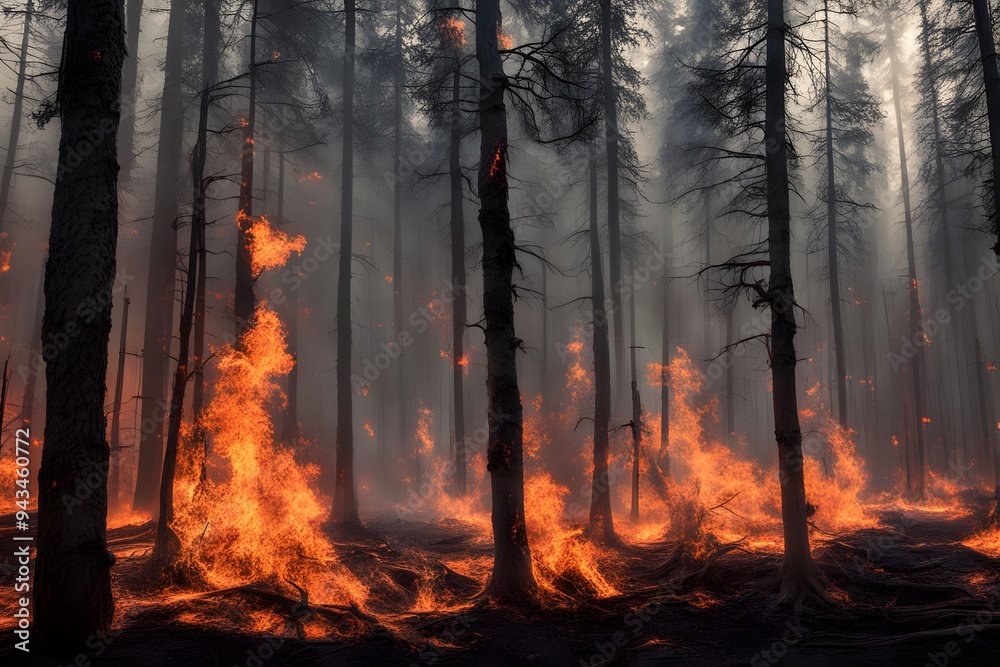 A scene of flames rising from a burning forest with smoke and embers filling the air, AI Generated