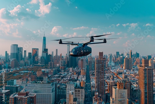 A futuristic drone flies over a bustling cityscape with a clear blue sky, showcasing advanced urban transportation.