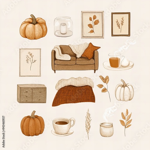 Autumn Comfort: Knolling-Style Illustration of a Cozy and Meticulously Arranged Scene