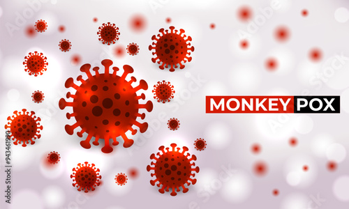 Monkeypox virus cells outbreak medical banner. Monkeypox virus cells on white science background. Monkey pox microbiological vector background.