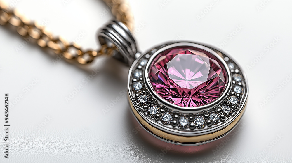 Artistic rendering of a silver and gold necklace with a large pink diamond gem, displayed on a white background. Artistic rendering of a silver and gold necklace with a large pink diamond gem, displayed on a white background.