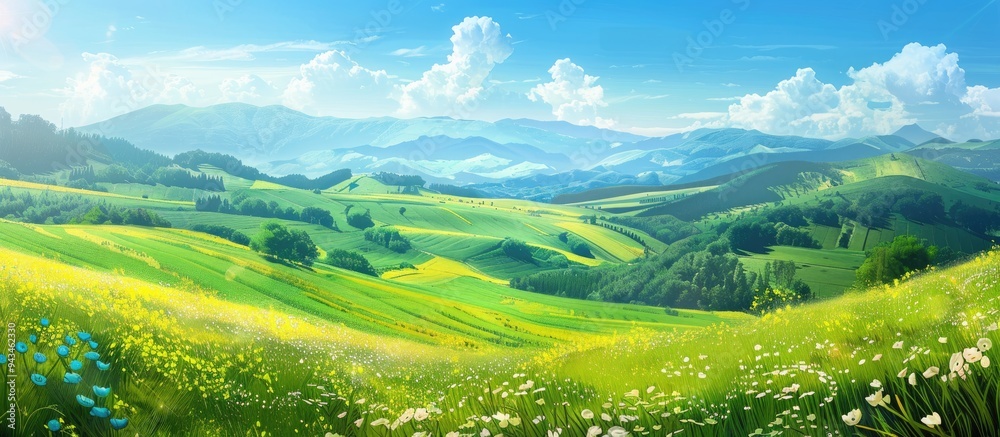 Scenic view with a picturesque landscape featuring a blue sky fluffy white clouds and vibrant green and yellow farmland with copy space image Scenic view with a picturesque landscape featuring a blue sky fluffy white clouds and vibrant green and yellow farmland with copy space image