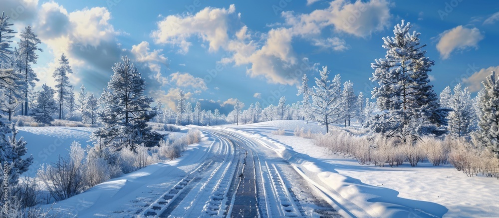 Scenic winter scene featuring trees a road and a blue sky with fluffy clouds in copy space image Scenic winter scene featuring trees a road and a blue sky with fluffy clouds in copy space image