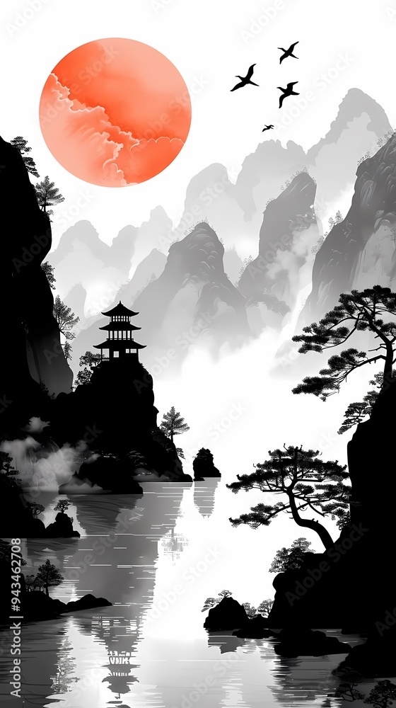 Fototapeta premium Traditional black and white lines landscape illustration poster background