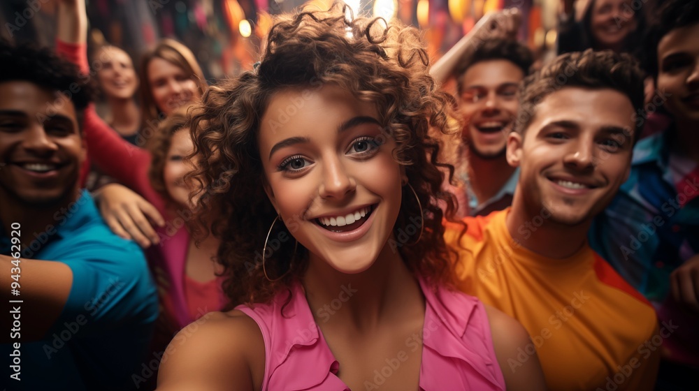 an influencer taking a group selfie at a party, bright colors, exaggerated facial expressions, fun an influencer taking a group selfie at a party, bright colors, exaggerated facial expressions, fun