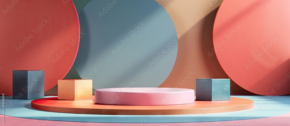 Various podiums arranged on a colored background to help showcase products in photographs with space for text or logos on the backdrop. Creative banner. Copyspace image Various podiums arranged on a colored background to help showcase products in photographs with space for text or logos on the backdrop. Creative banner. Copyspace image