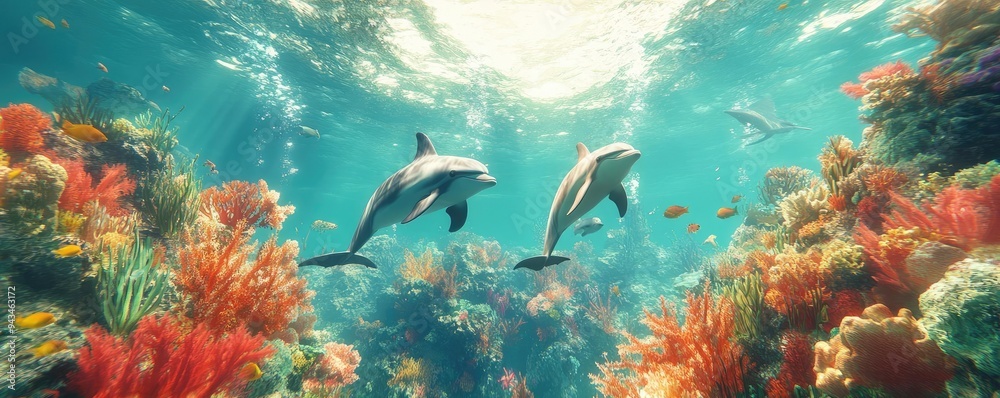 Underwater VR adventure, swimming with dolphins and fish, coral reefs in vivid detail, 3D animation Underwater VR adventure, swimming with dolphins and fish, coral reefs in vivid detail, 3D animation