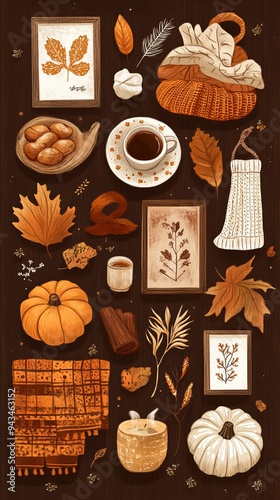 Autumn Comfort: Knolling-Style Illustration of a Cozy and Meticulously Arranged Scene photo