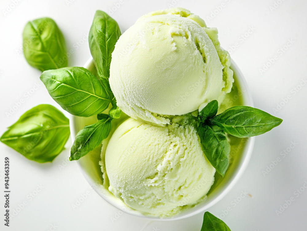 Pistachio Ice Cream Scoops with Fresh Basil. Pistachio Ice Cream Scoops with Fresh Basil.