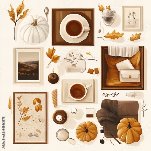 Autumn Comfort: Knolling-Style Illustration of a Cozy and Meticulously Arranged Scene photo