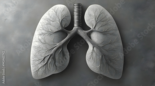 3D rendering of human lungs with detailed bronchial tree structure, on grey background. photo