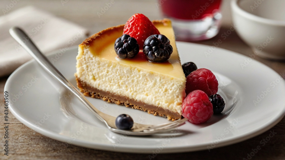 A slice of cheesecake with blueberry sauce and raspberries on top A slice of cheesecake with blueberry sauce and raspberries on top