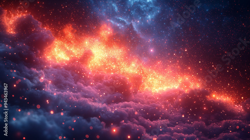 Magical neon background with bokeh lights and particles, showcasing an explosion and swirl of sparkles against a dark, abstract backdrop with clouds.