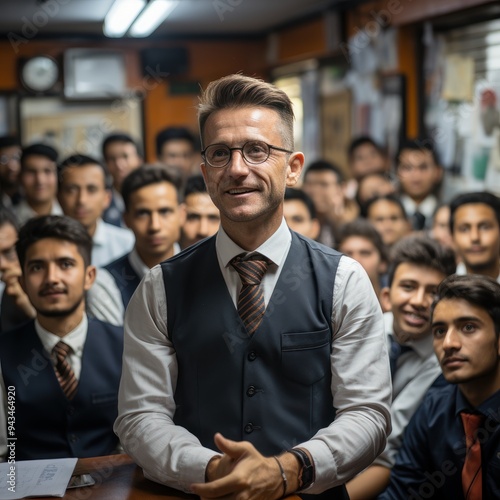 Smiling businessman surrounded by a group of cheerful friends