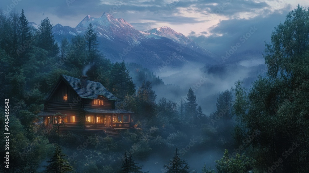 Fototapeta premium Enchanting evening scene of a lit wooden house nestled in the forest, with foggy mountains rising in the distance.