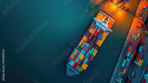 Container ship in export and import business and logistics. Shipping cargo to harbor by crane. Water transport International. Aerial view