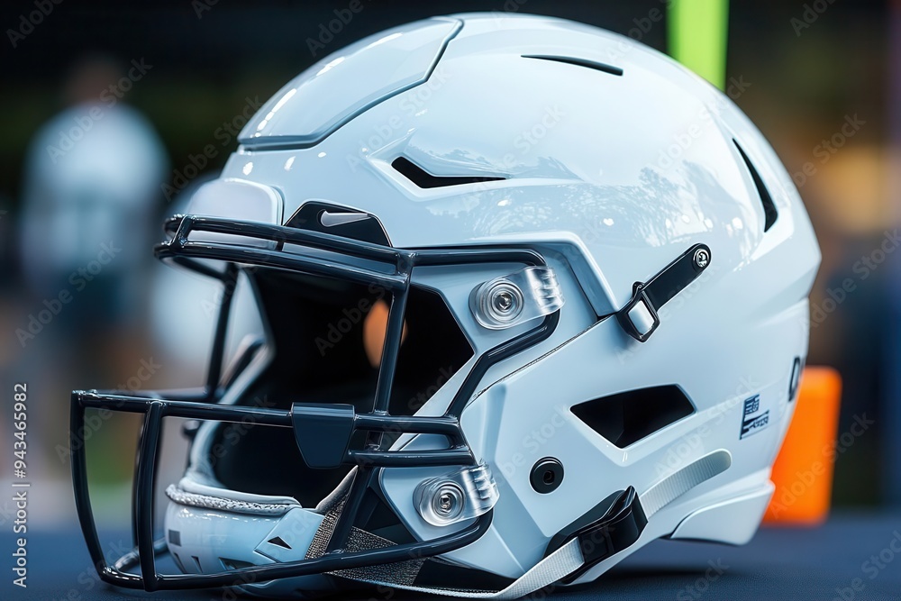 Fototapeta premium Close-up of a modern white football helmet emphasizing design and safety features for sports enthusiasts and equipment buyers.