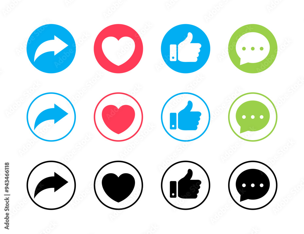 Like, love, comment, and share icon vector in circle line and filled isolated on white background. Social media vector icons. Like love comment share icon button collection. Vector illustration. Like, love, comment, and share icon vector in circle line and filled isolated on white background. Social media vector icons. Like love comment share icon button collection. Vector illustration.