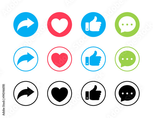 Like, love, comment, and share icon vector in circle line and filled isolated on white background. Social media vector icons. Like love comment share icon button collection. Vector illustration.