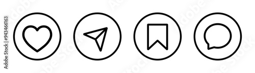 Like, share, save and comment icon in line. Set of social media elements. Social media sign symbol. Vector illustration.